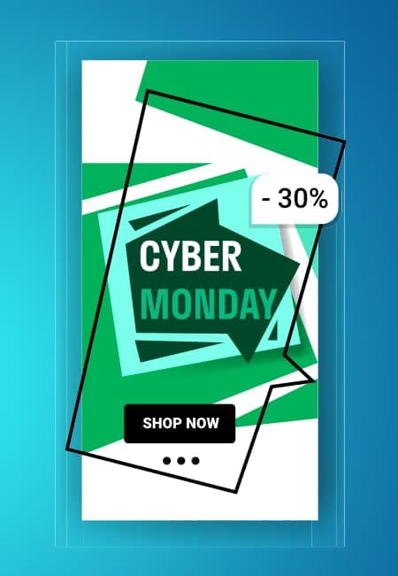 Grafik Landingpage CyberMonday mit 30% Nachlass und Kaufaufforderung Online Marketing